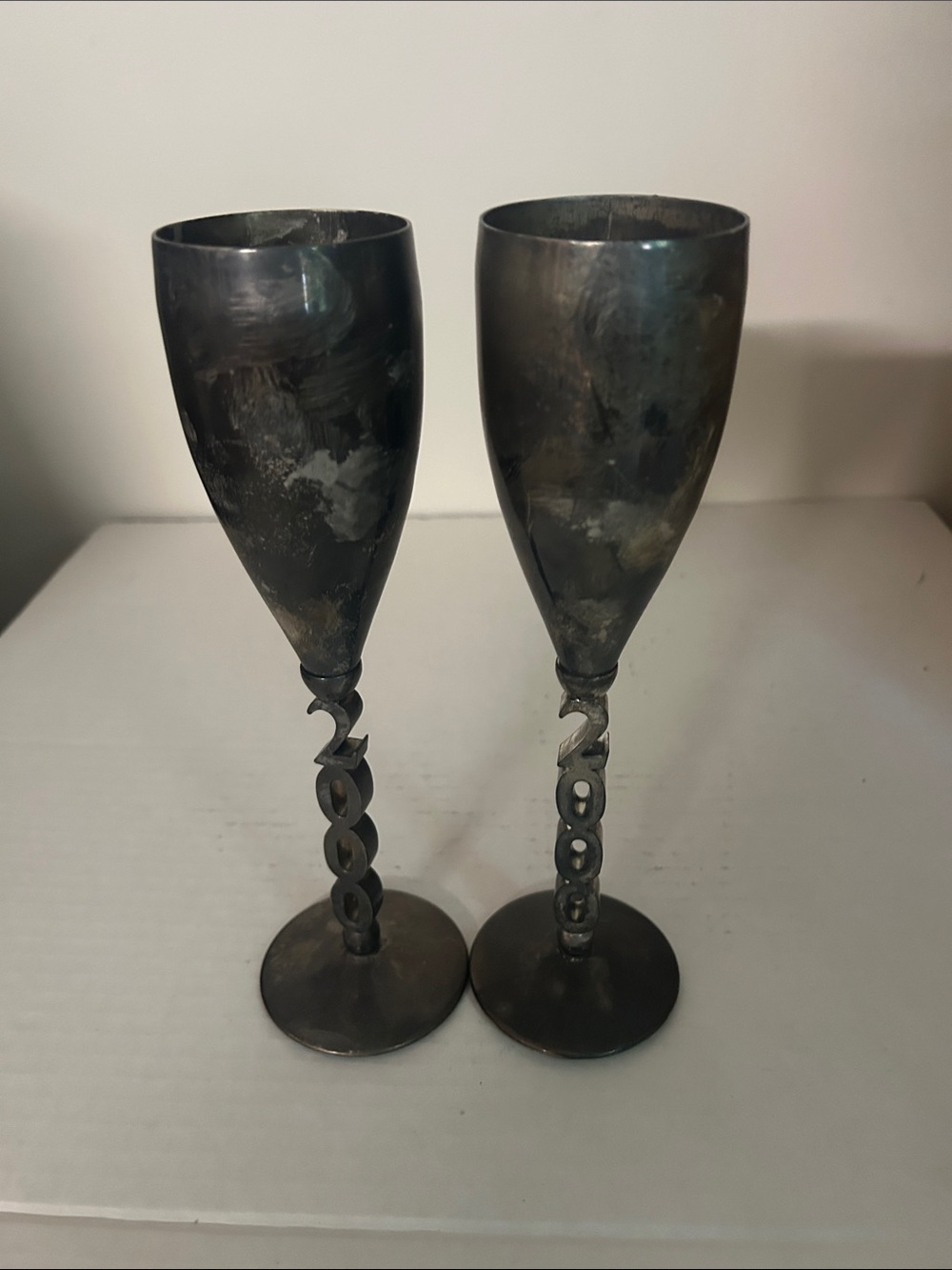 Vintage Pair of Metal Goblets with Twisted Stem - Dark Silver. Godinger